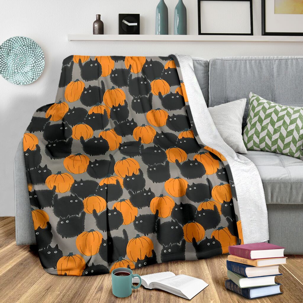 Halloween Pumpkin Black Cat Flannel Blanket For Cozy Bedroom Sofa Decor