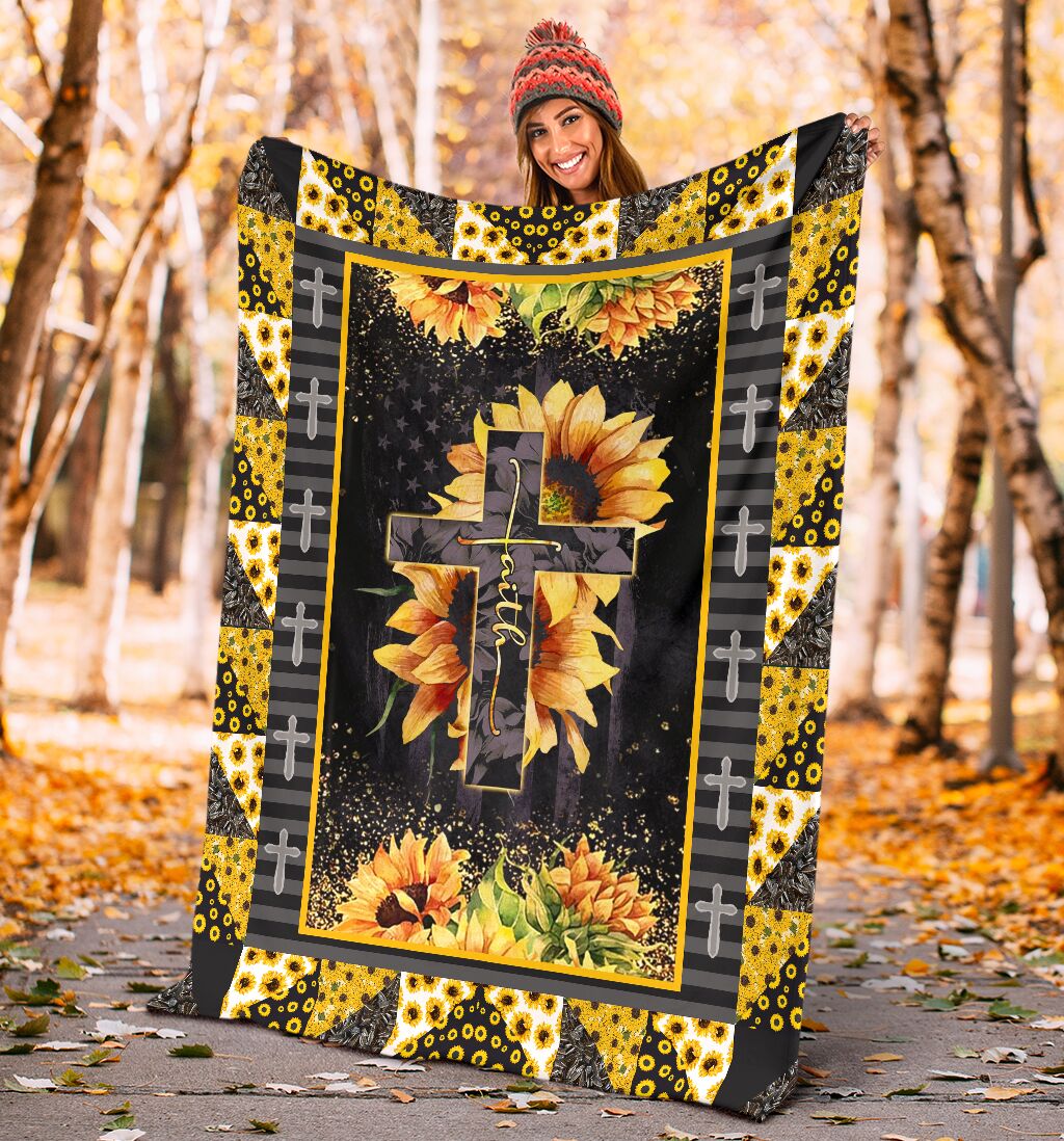 Jesus Cross On Sunflower Christian Flannel Blanket For Cozy Bedroom Sofa Decor