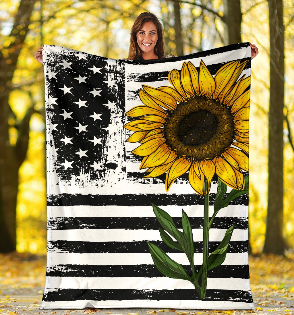 Sunflower American Flag Flannel Blanket For Cozy Bedroom Sofa Decor