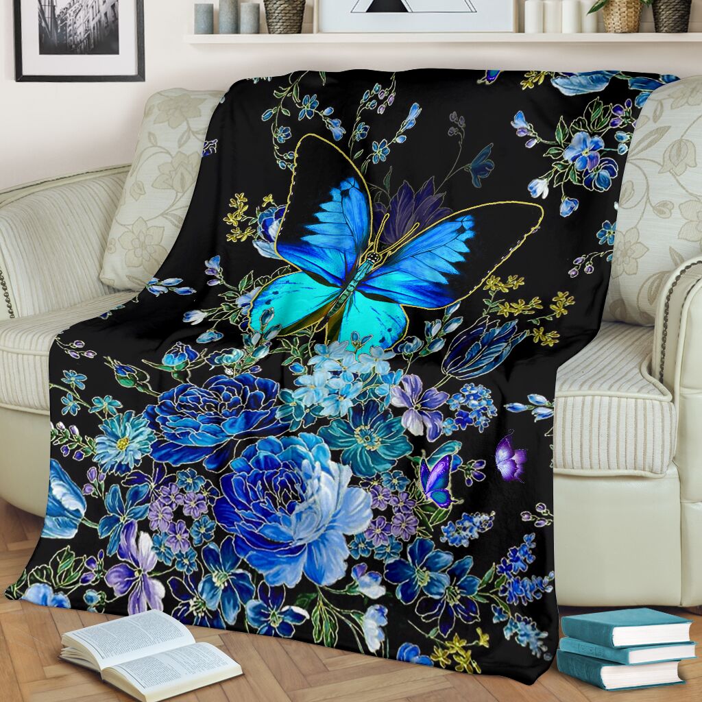 Butterfly With Blue Flowers Flannel Blanket For Cozy Bedroom Sofa Decor