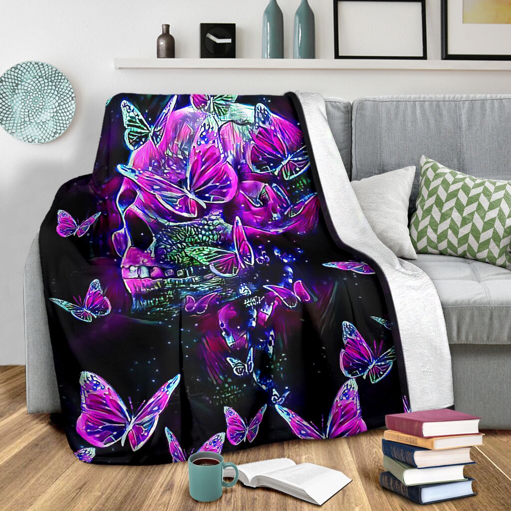Skull Butterfly Pink Flannel Blanket For Cozy Bedroom Sofa Decor