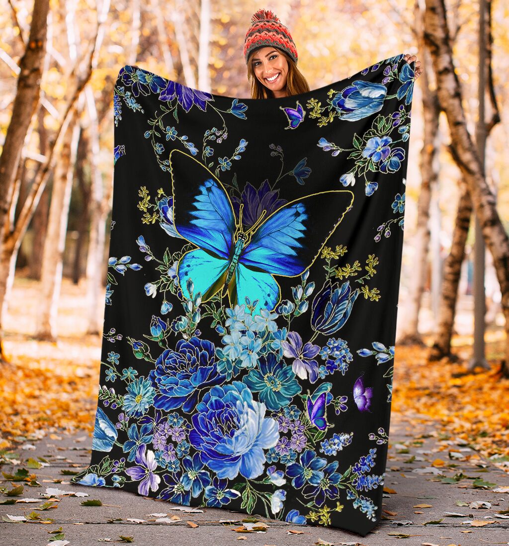 Butterfly With Blue Flowers Flannel Blanket For Cozy Bedroom Sofa Decor