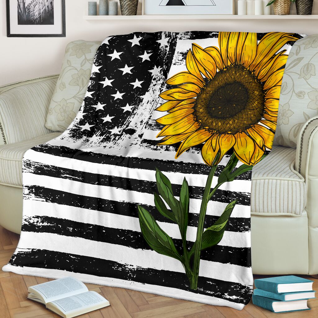 Sunflower American Flag Flannel Blanket For Cozy Bedroom Sofa Decor