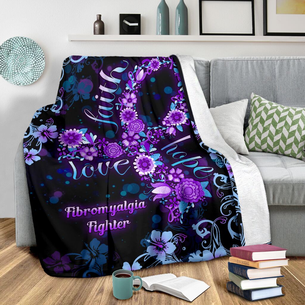 Flower Faith Hope Love Fibromyalgia Awareness Flannel Blanket For Cozy Bedroom Sofa Decor