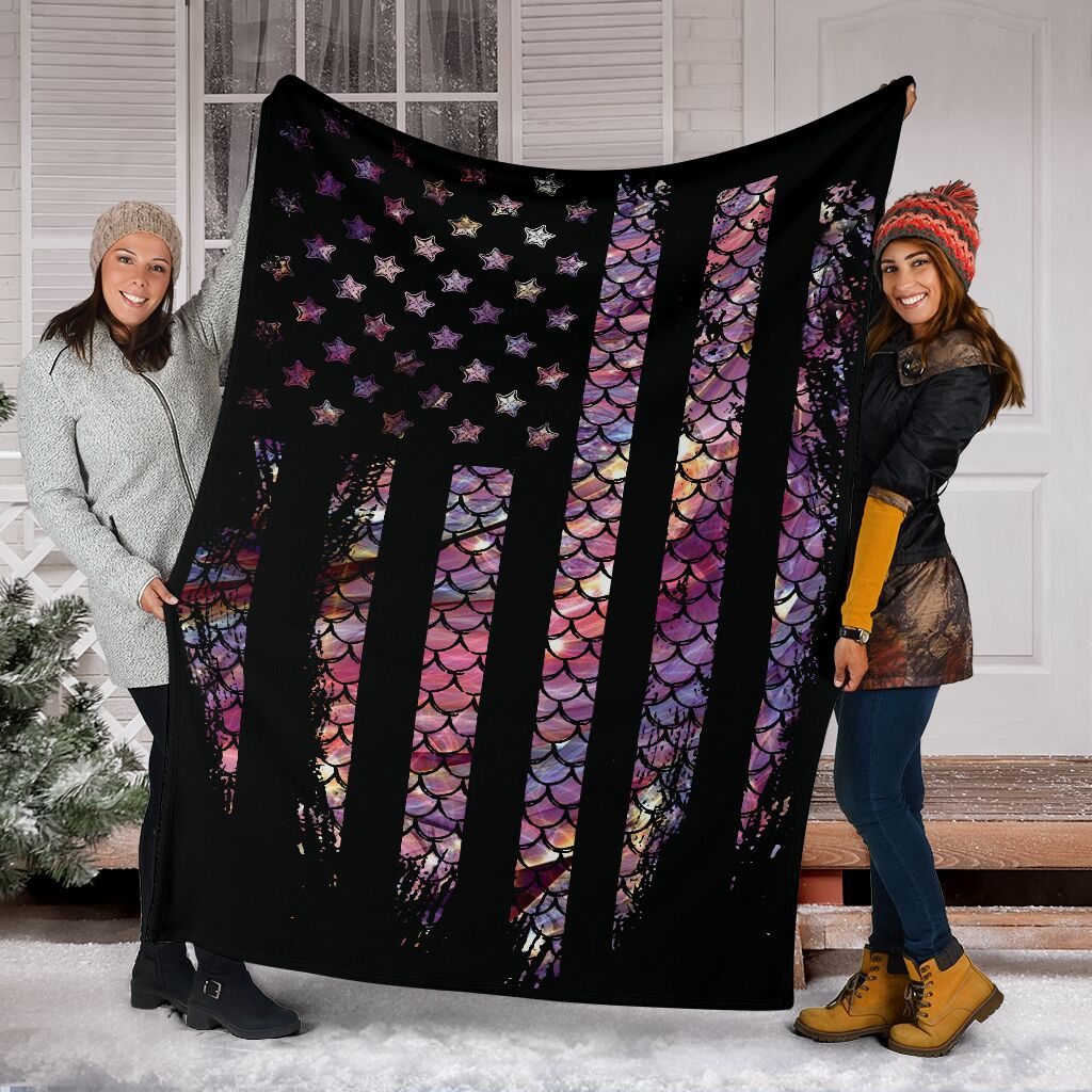 Mermaid Scales American Flag Flannel Blanket For Cozy Bedroom Sofa Decor