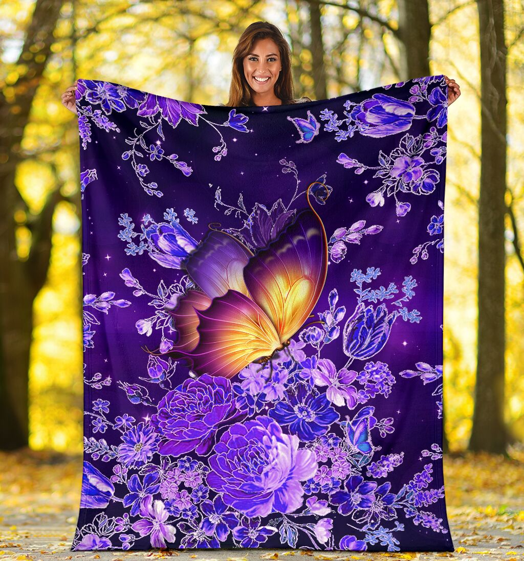 Butterfly With Purple Flowers Flannel Blanket For Cozy Bedroom Sofa Decor