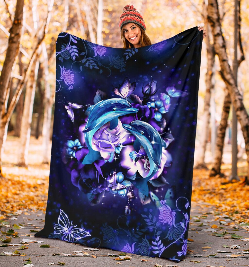 Dolphin And Blue Flowers Flannel Blanket For Cozy Bedroom Sofa Decor