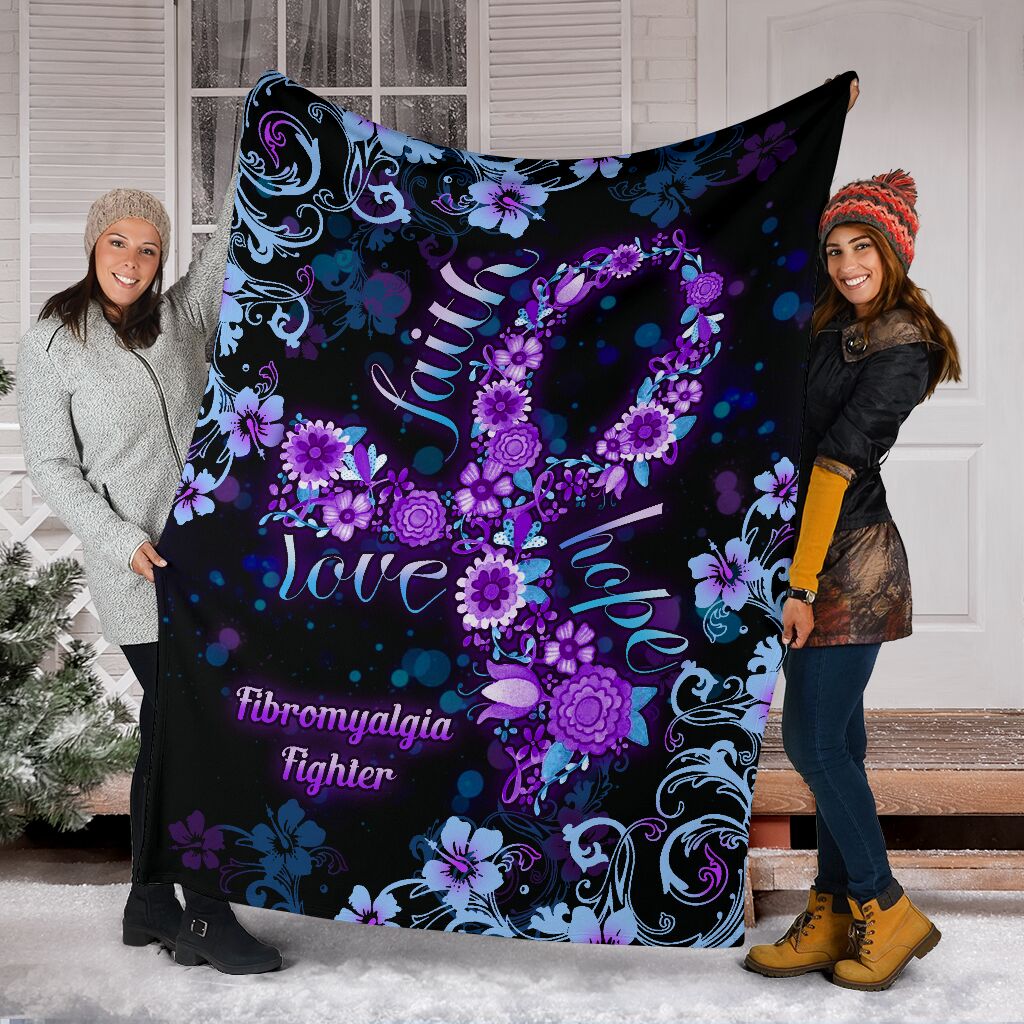 Flower Faith Hope Love Fibromyalgia Awareness Flannel Blanket For Cozy Bedroom Sofa Decor