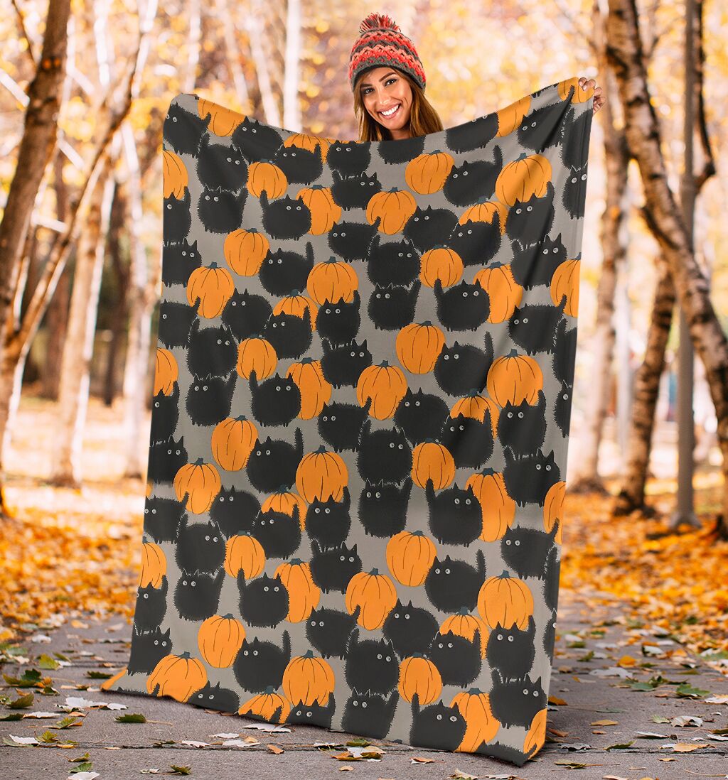 Halloween Pumpkin Black Cat Flannel Blanket For Cozy Bedroom Sofa Decor