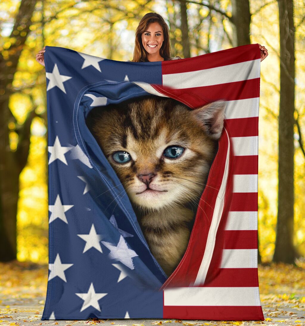 Cat Kitten Opened American Flag Flannel Blanket For Cozy Bedroom Sofa Decor