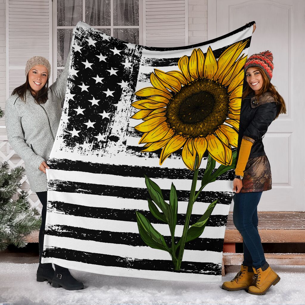 Sunflower American Flag Flannel Blanket For Cozy Bedroom Sofa Decor