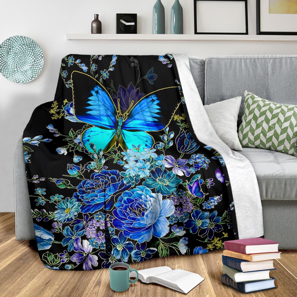 Butterfly With Blue Flowers Flannel Blanket For Cozy Bedroom Sofa Decor