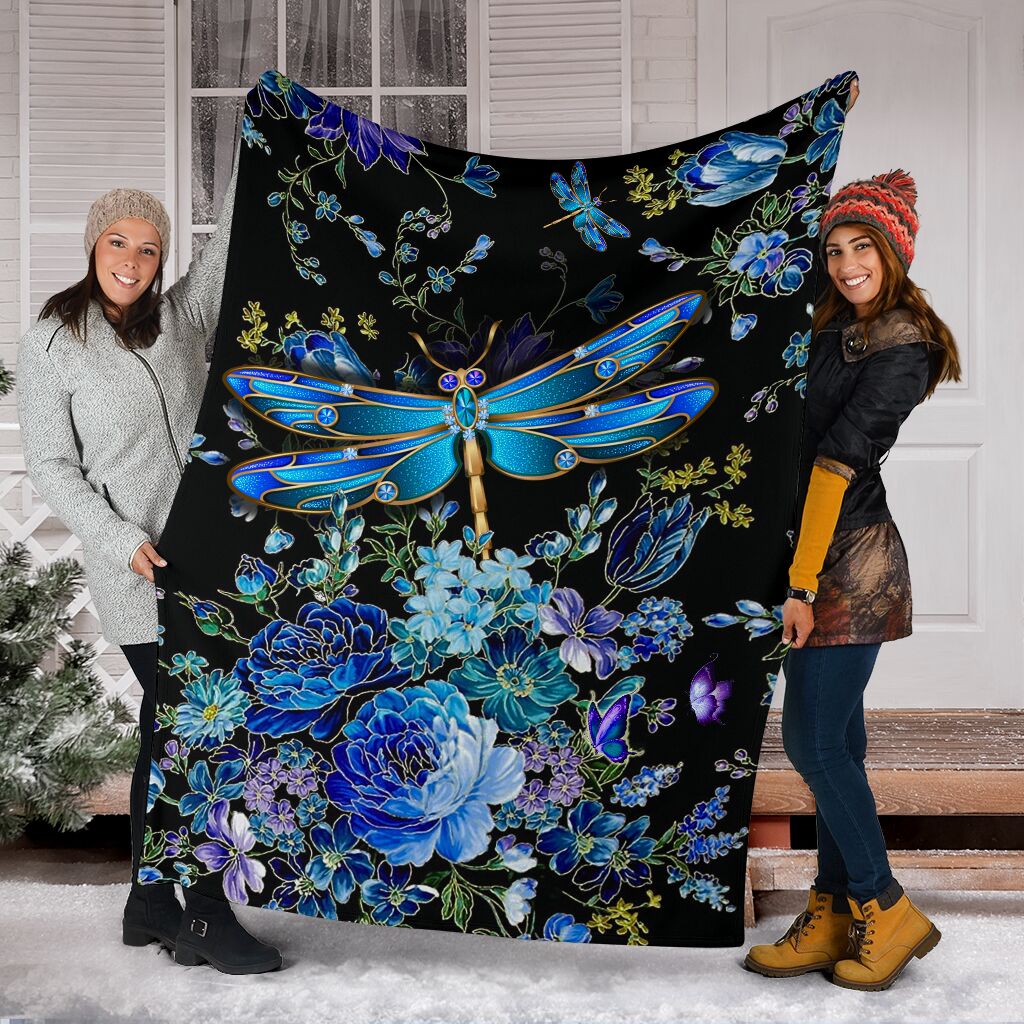 Dragonfly Blue Floral Flannel Blanket For Cozy Bedroom Sofa Decor