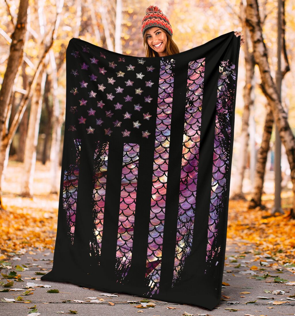 Mermaid Scales American Flag Flannel Blanket For Cozy Bedroom Sofa Decor