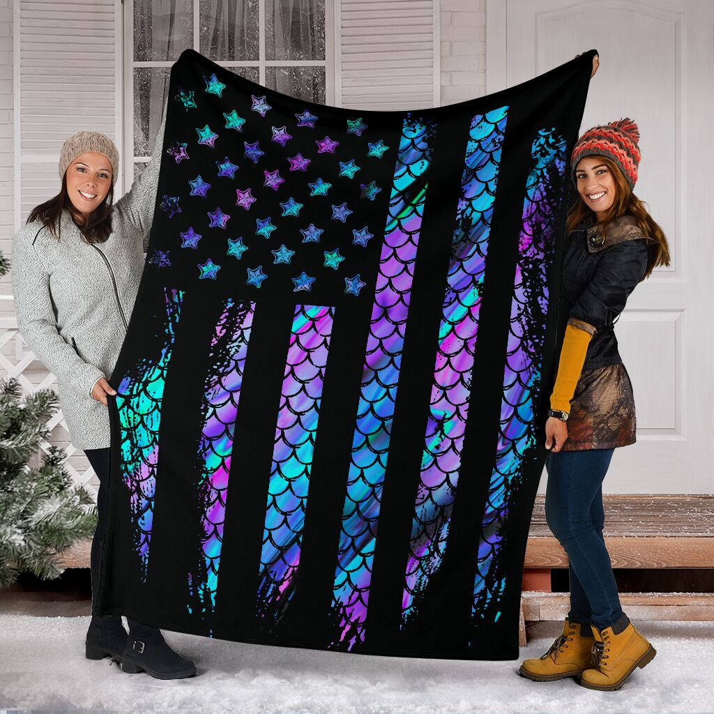 Mermaid American Flag Flannel Blanket For Cozy Bedroom Sofa Decor
