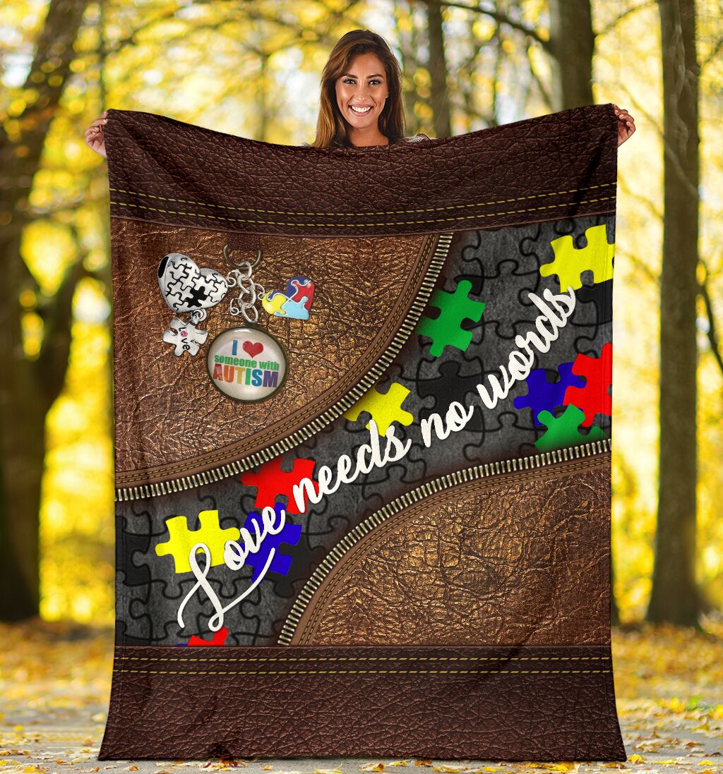 Autism Awareness Love Needs No Words Leather Pattern Flannel Blanket For Cozy Bedroom Sofa Decor
