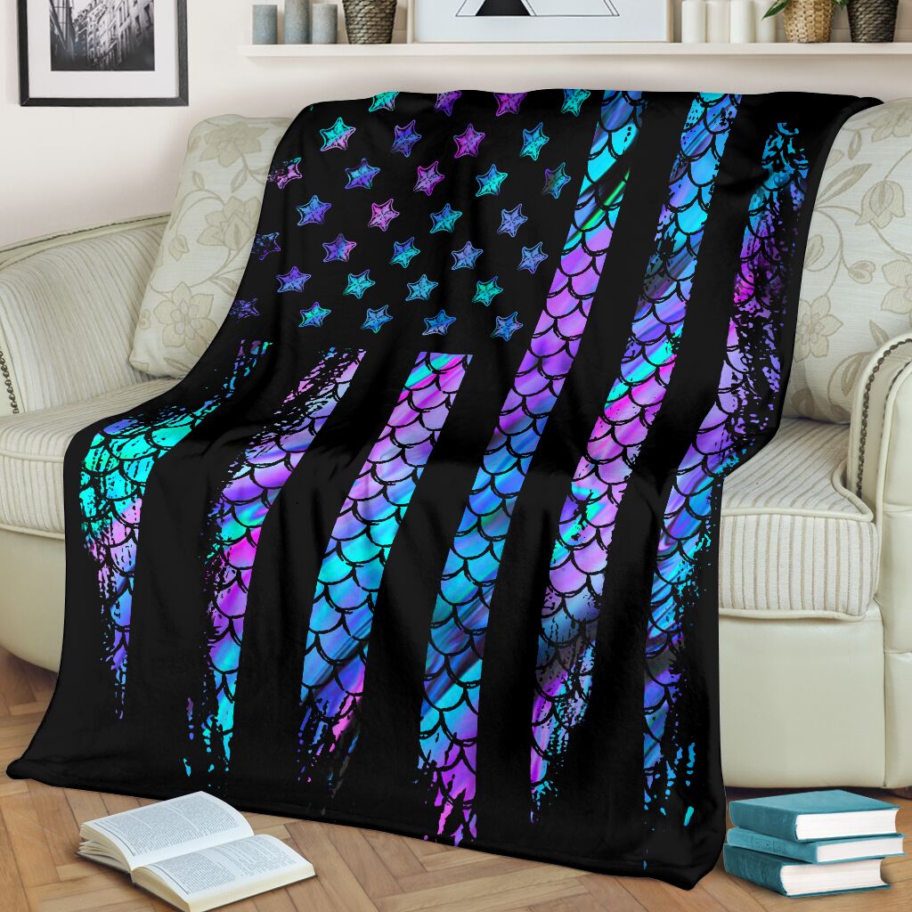 Mermaid American Flag Flannel Blanket For Cozy Bedroom Sofa Decor