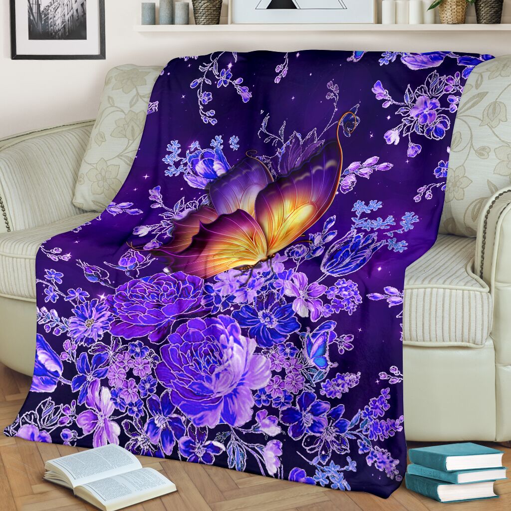 Butterfly With Purple Flowers Flannel Blanket For Cozy Bedroom Sofa Decor