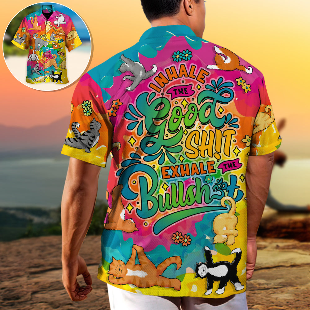 Funny Bold Yoga Cat Attitude Graphic Hawaiian Shirt Collar And Front View For Beach Days