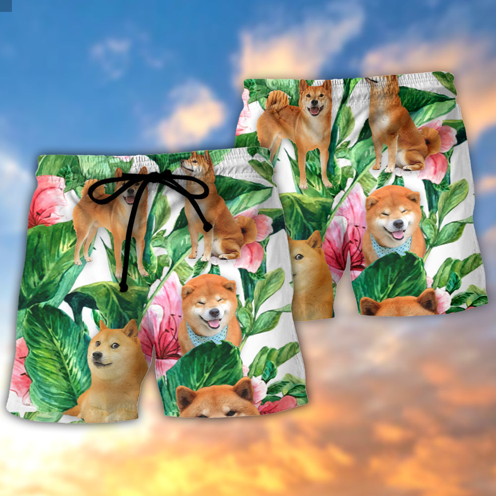 Tropical Leaf Floral Shiba Inu Beach Shorts Pattern Detail For Island Trips And Weekend Casual Style