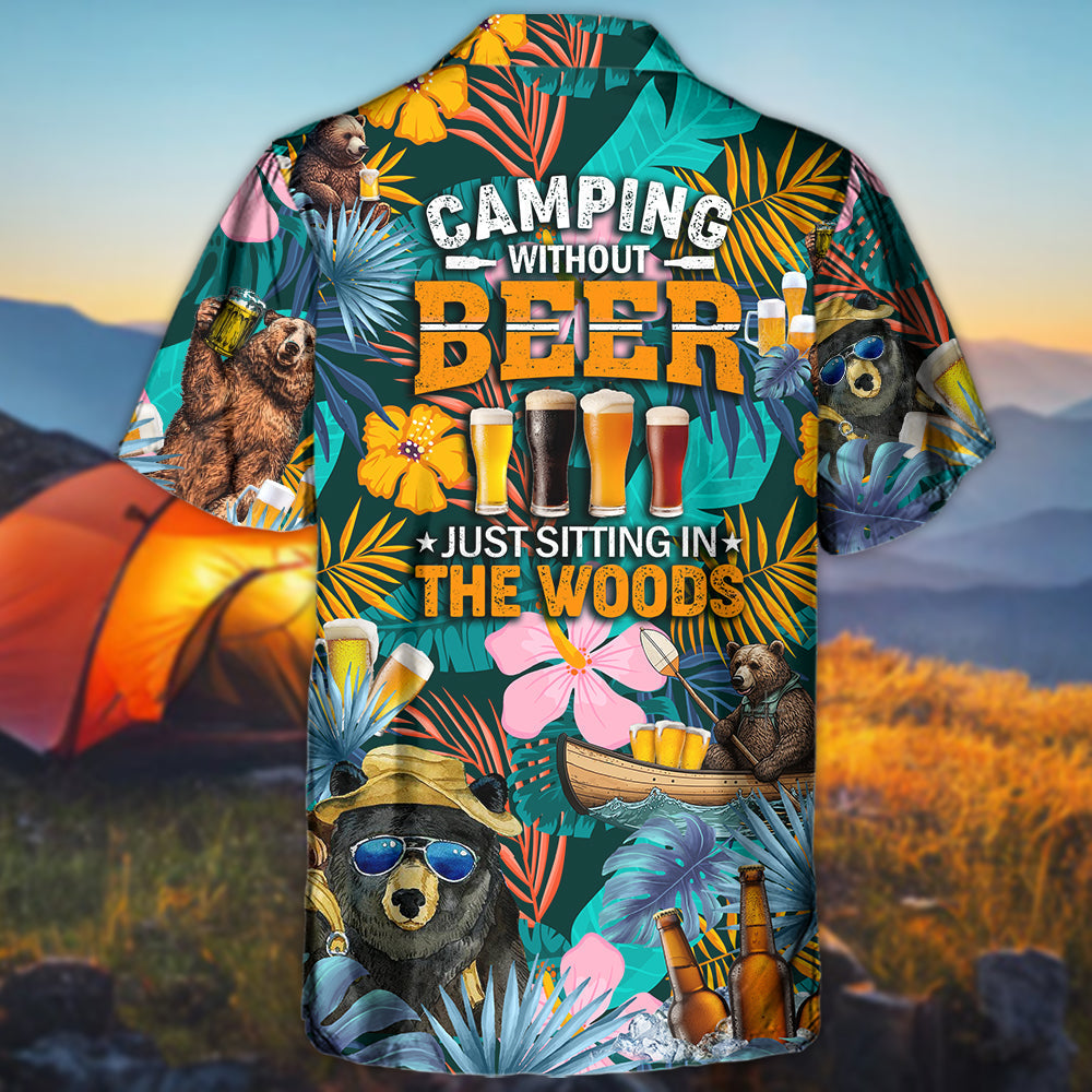 Funny Camping Bear Beer Sitting Woods Hawaiian Shirt Pattern Detail For Outdoor Gatherings