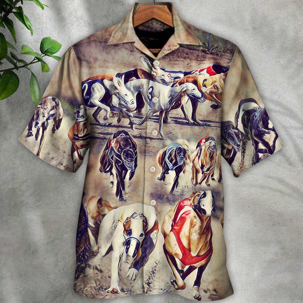 Vintage Dog Racing Greyhound Hawaiian Shirt Resort Outfit View For Tropical Vacations