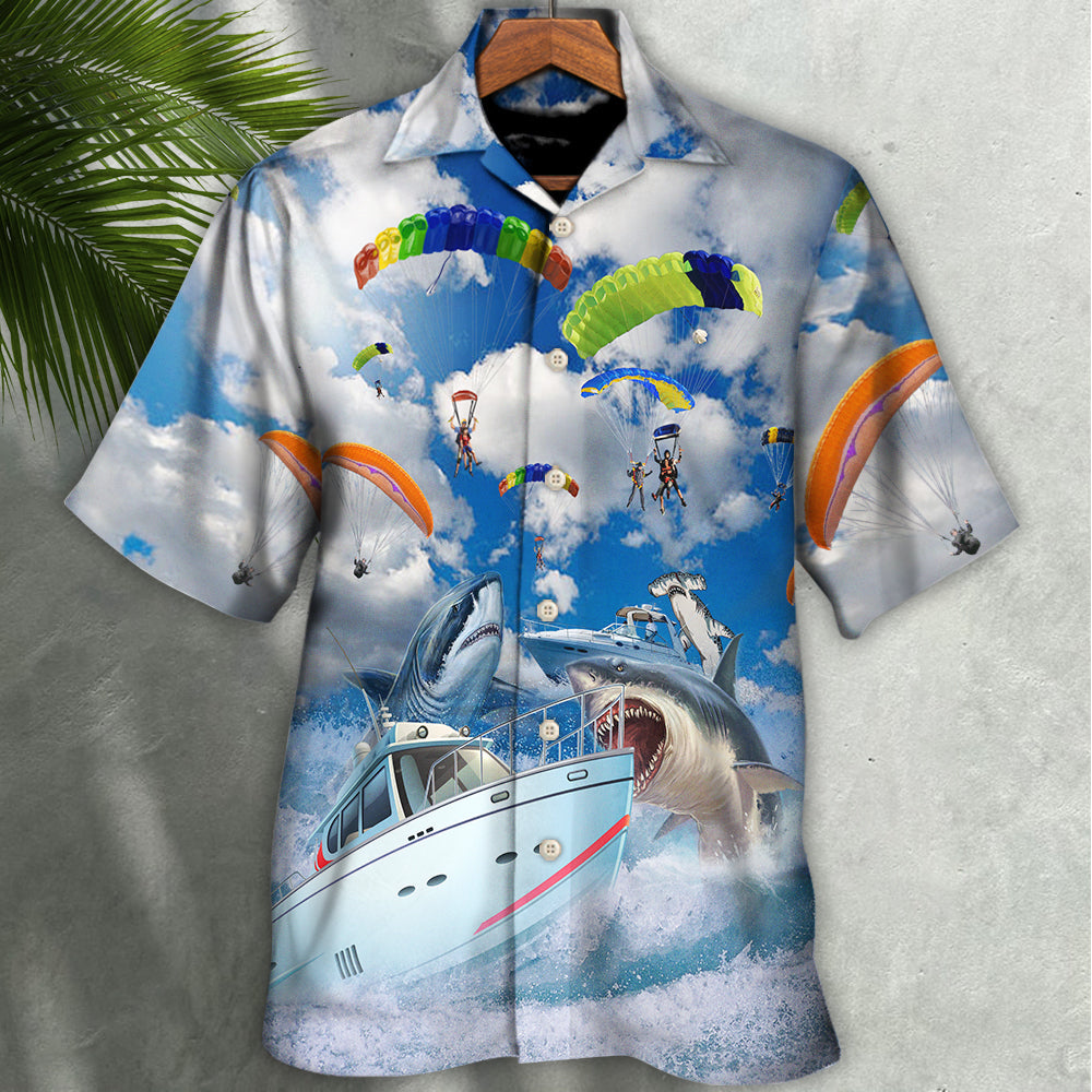 Parasailing Shark Hawaiian Shirt Relaxed Style View For Resort Wear