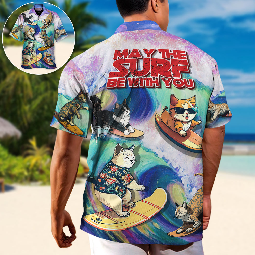 Funny Surfing Cat Surf Hawaiian Shirt Fabric Pattern Detail For Weekend Trips