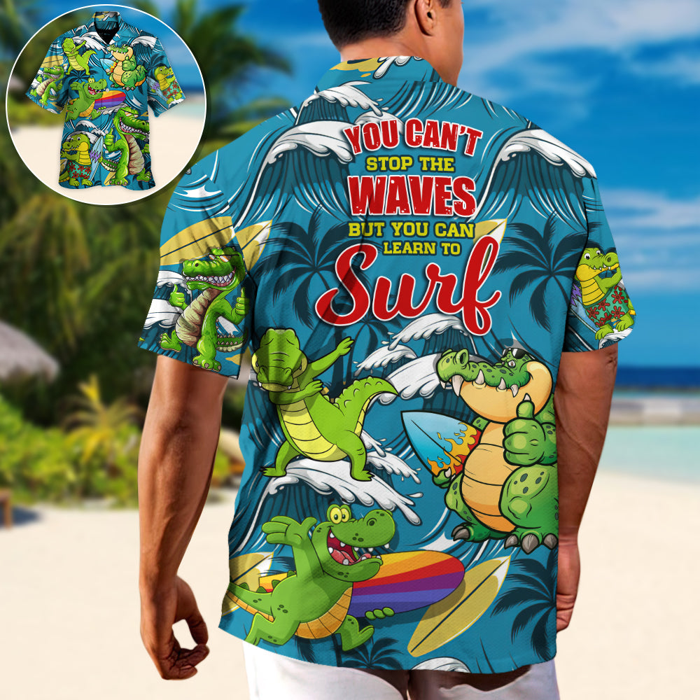 Funny Surfing Crocodile Surf Hawaiian Shirt Graphic Artwork Detail For Tropical Vacations