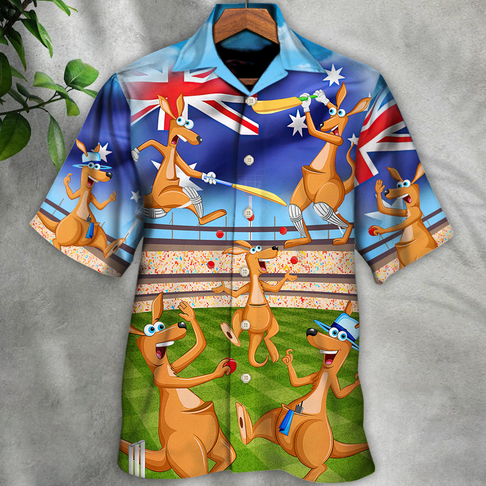 Funny Cricket Kangaroo Hawaiian Shirt Collar And Front View For Summer Travel