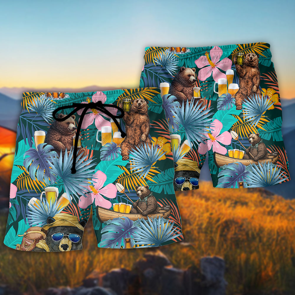 Camping Bear Beer Beach Shorts Pattern Detail For Island Trips And Comfortable Daily Use