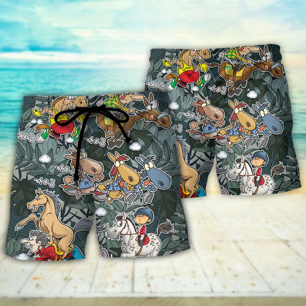 Horse Racing Funny Art Style Beach Shorts For Coastal Drives And Casual Style