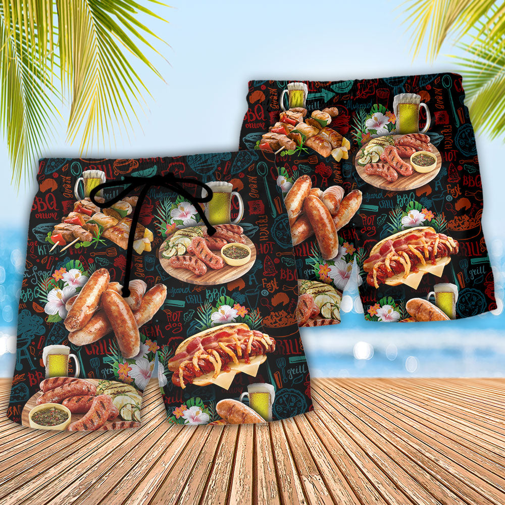 BBQ Food Cow Chicken Beach Shorts Pattern Detail For Vacation Style And Leisure And Relaxation