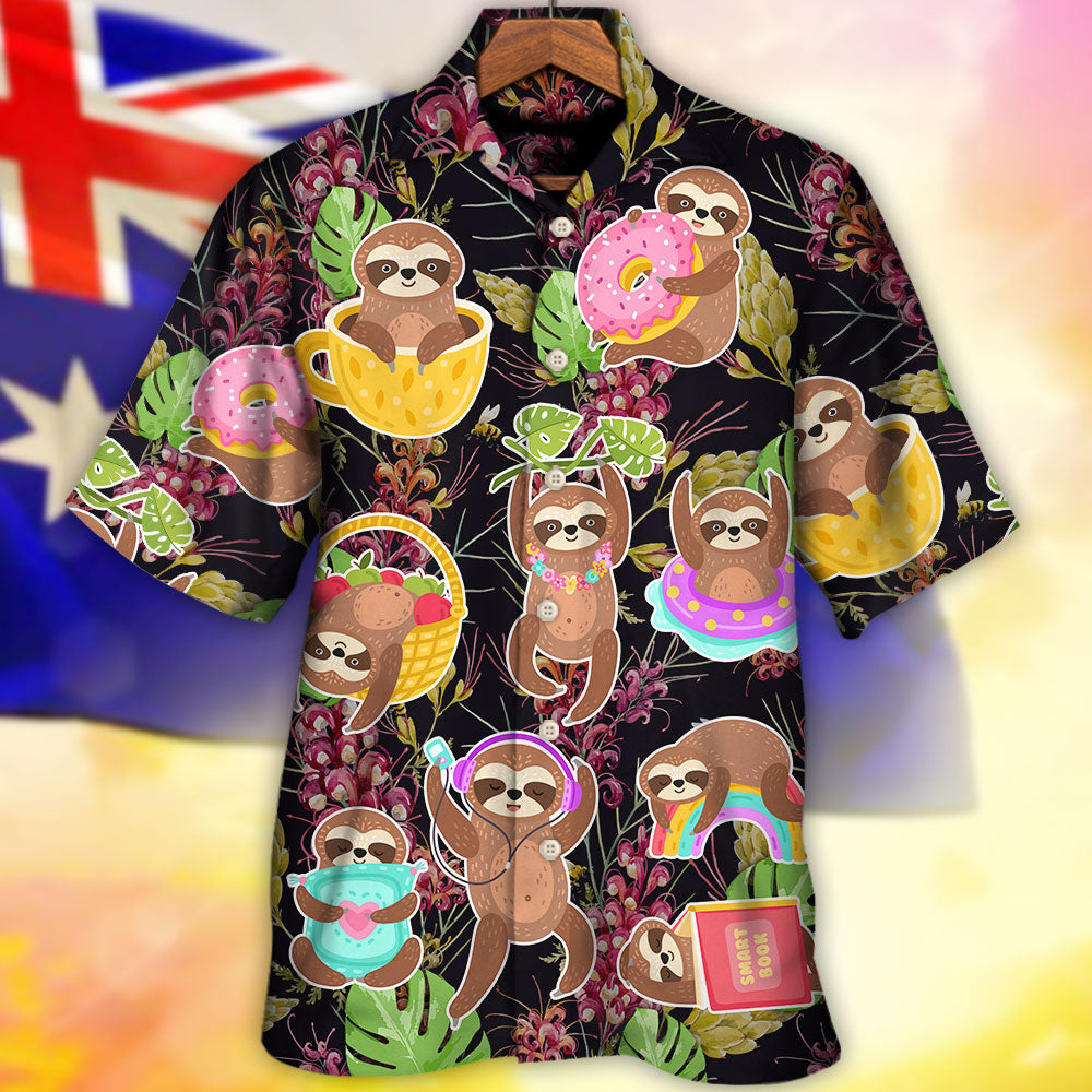 Tropical Cute Funny Sloth Hawaiian Shirt Detailed Pattern View For Beach Days