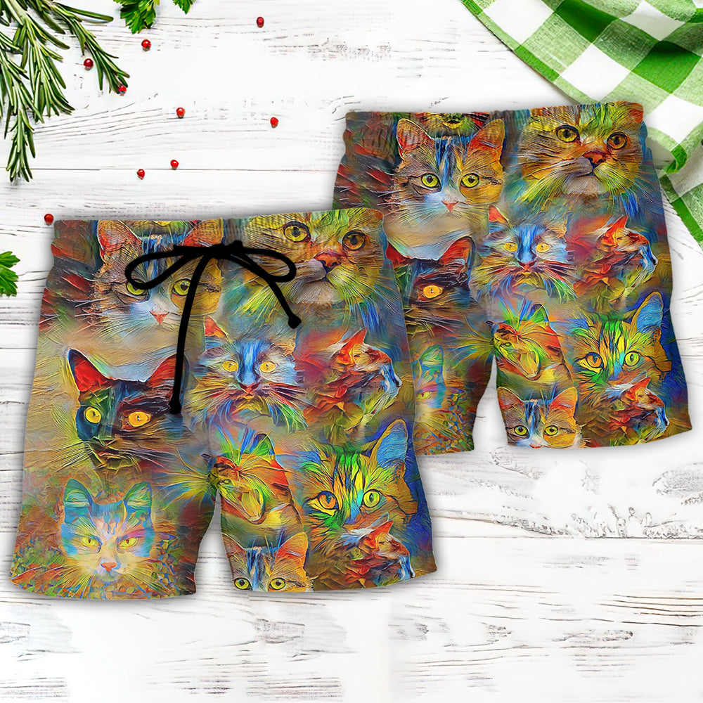 Colorful Cat Beach Shorts Pattern Detail For Resort Wear And Leisure And Relaxation