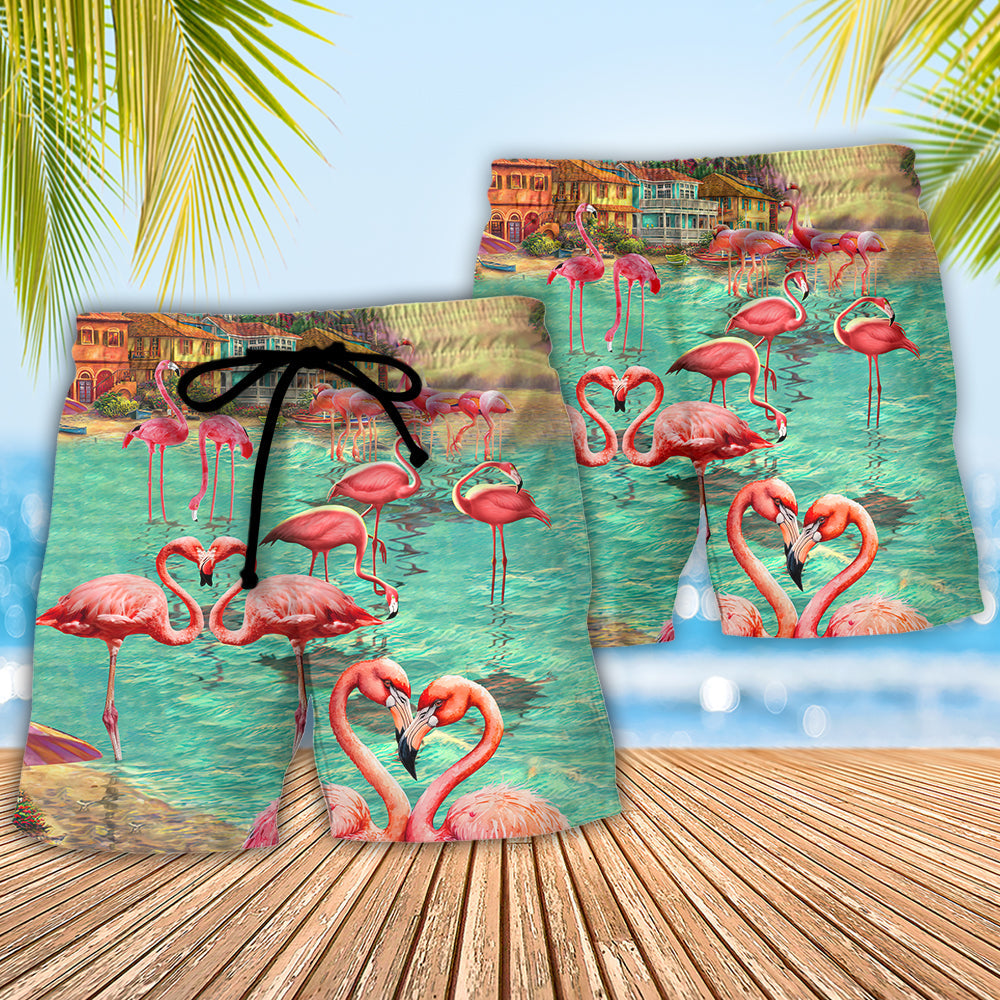 Coastal Flamingo Beach Shorts Pattern Detail For Casual Outings And Weekend Casual Style