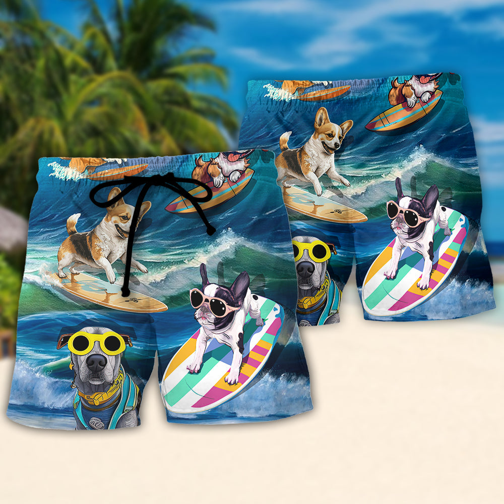 Coastal Surfing Dog Beach Shorts Pattern Detail For Island Trips And Leisure And Relaxation