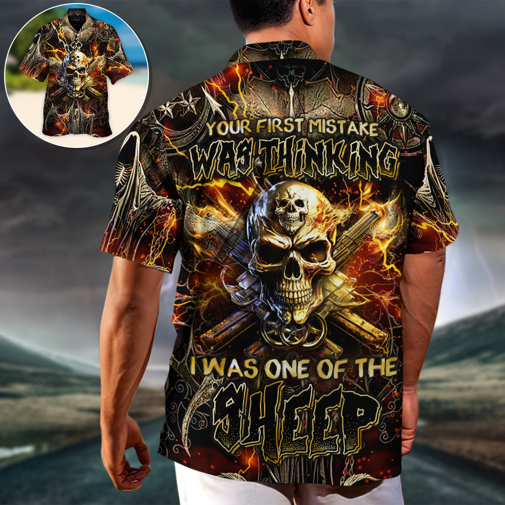 Skull Sheep Bullet Fire Hawaiian Shirt Collar And Front View For Outdoor Gatherings
