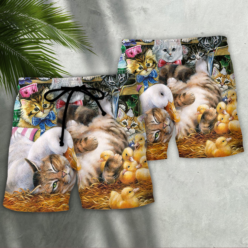 Ducks And Cats Cute Animals Beach Shorts Design Detail For Resort And Beach Day Style