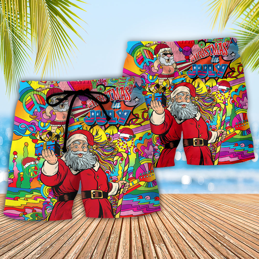 Christmas In July Hippie Summer Santa Beach Shorts Pattern Detail For Tropical Escapes And Easy Warm Weather Wear