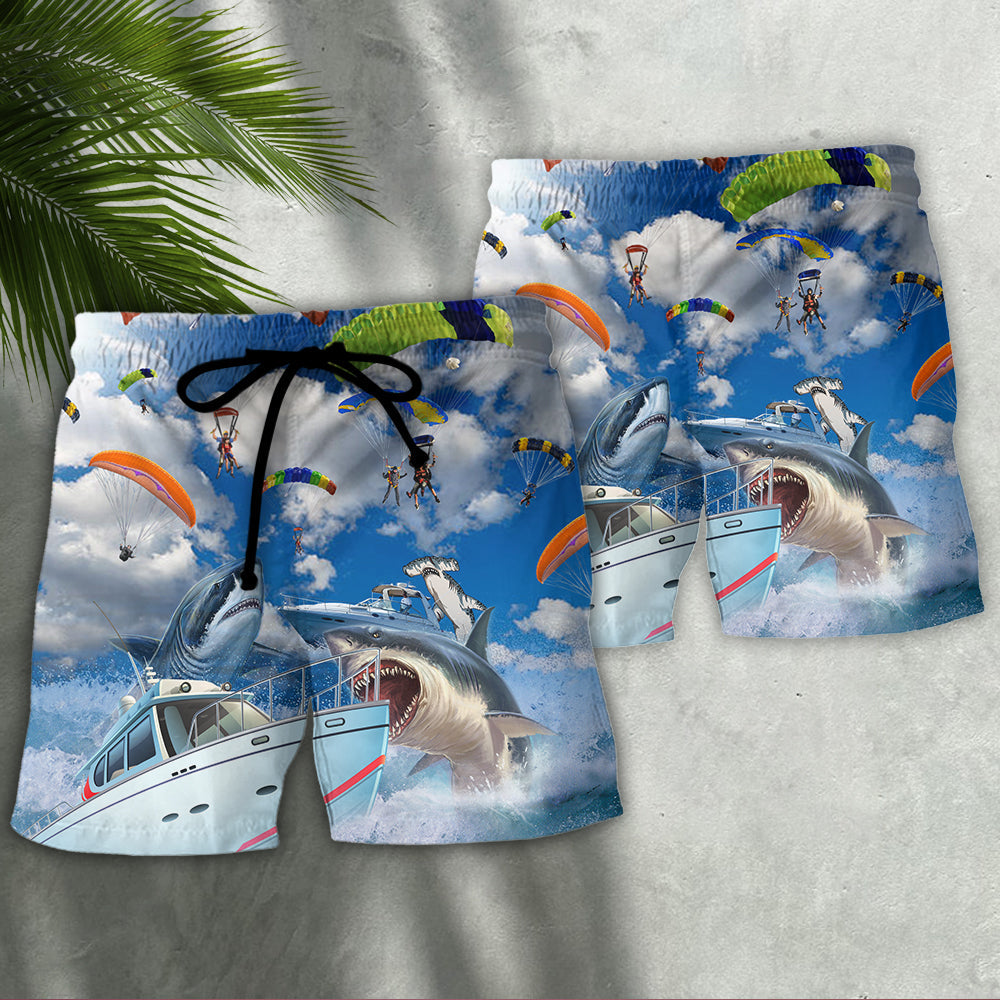 Parasailing Let's Fly Away Shark Theme Beach Shorts For Ocean Lover Vacation Wear