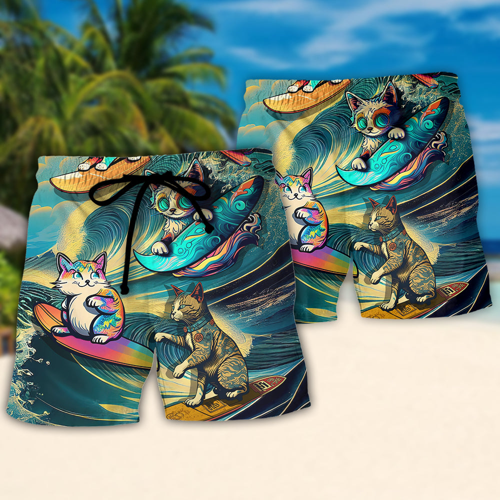 Surfing Cat Just One More Wave I Promise Funny Beach Shorts For Sunny Getaways And Gifting