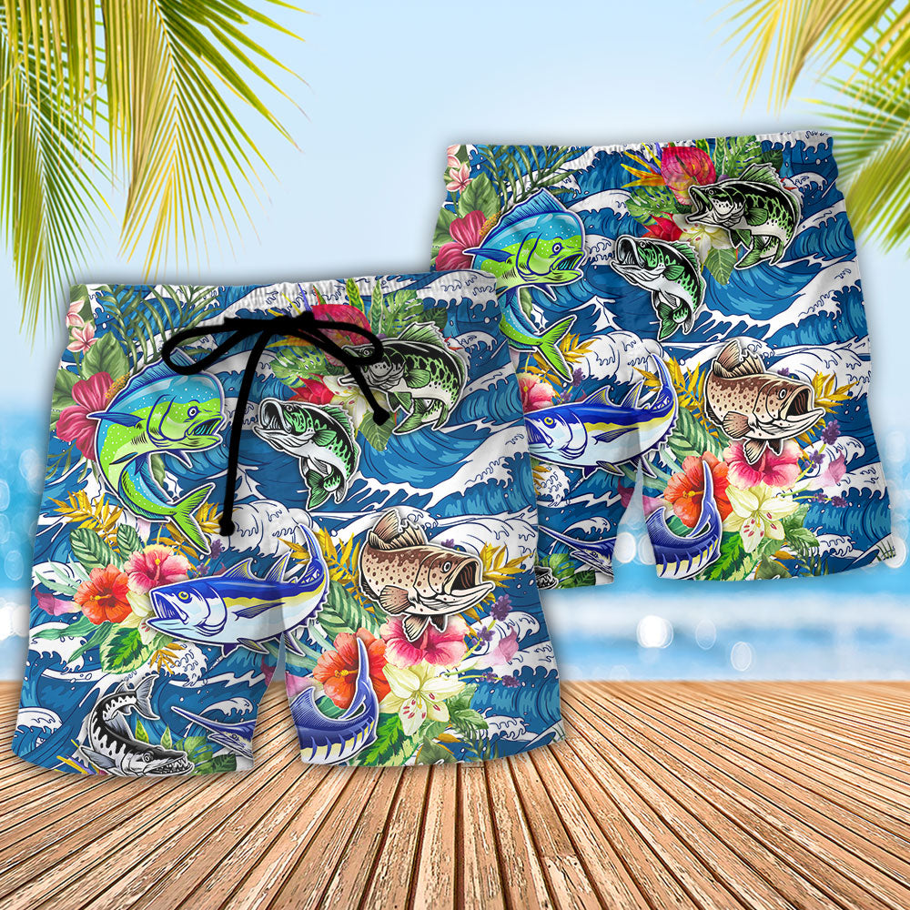 Tropical Fishing Hunting Fish Beach Shorts Pattern Detail For Coastal Travel And Comfortable Daily Use