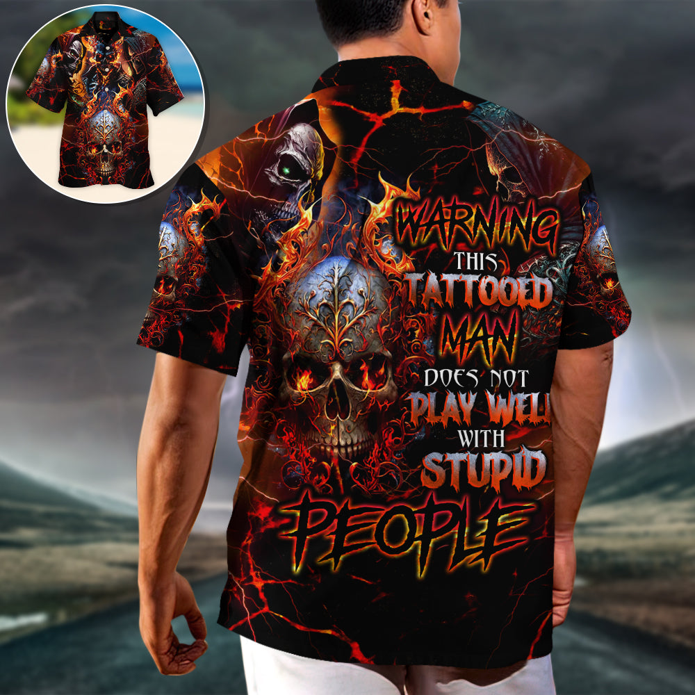 Skull Tattooed Hawaiian Shirt Collar And Front View For Thoughtful Gifting