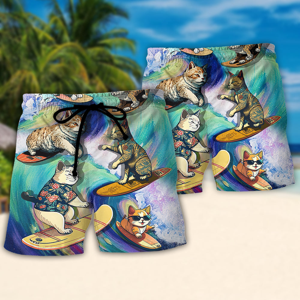 Surfing Cat Beach Shorts Pattern Detail For Island Trips And Lightweight Summer Style