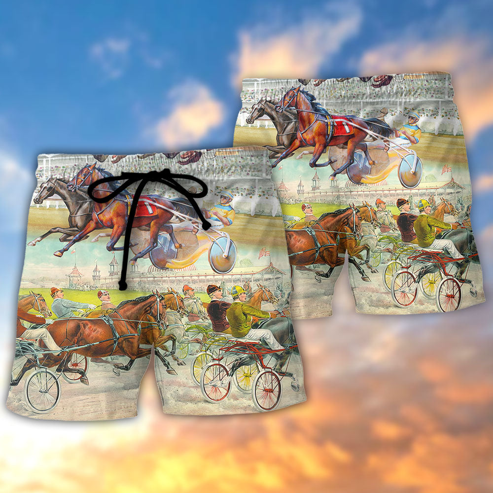 Harness Racing Racing Horse Road Trip Beach Shorts Pattern Detail For Tropical Escapes And Comfortable Daily Use