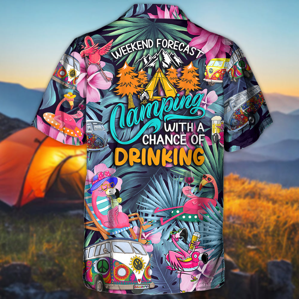 Funny Camping Flamingo Weekend Forecast Chance Hawaiian Shirt Artwork View For Beach Days