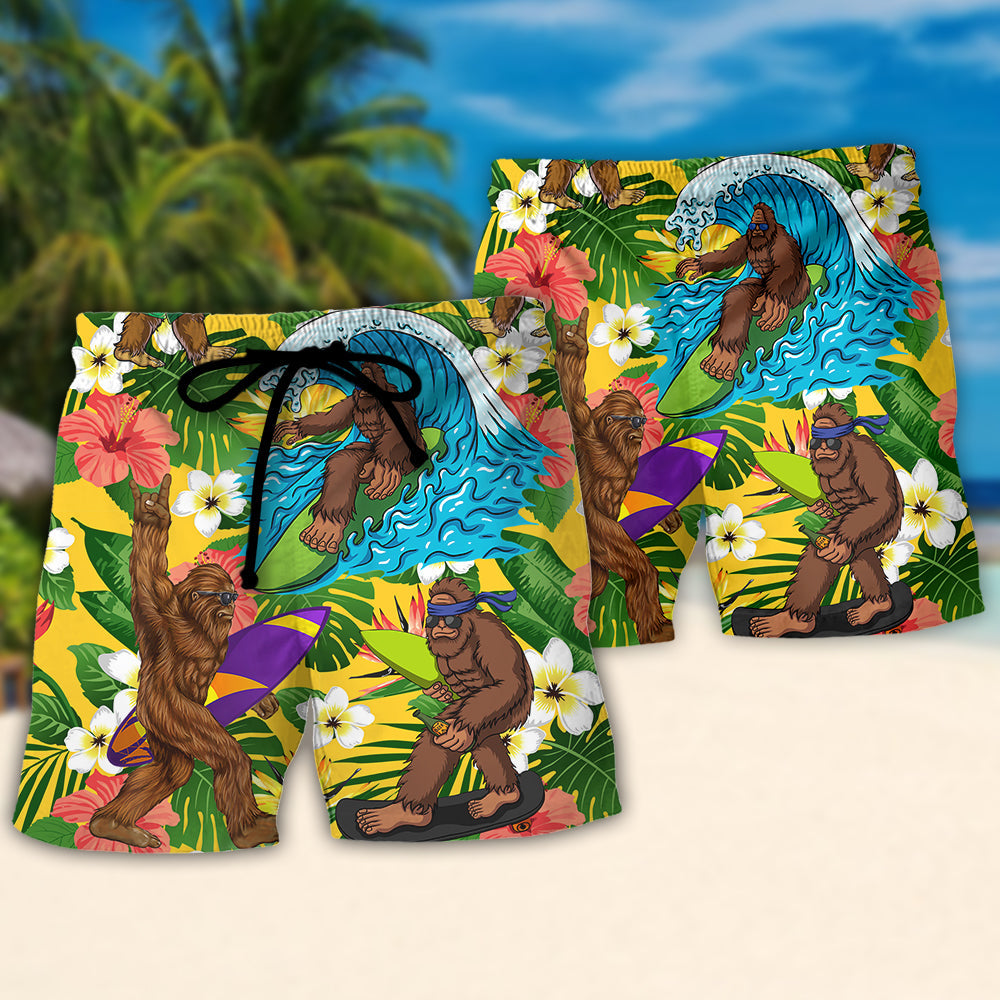 Surfing Bigfoot Beer Beach Shorts Pattern Detail For Tropical Escapes And Leisure And Relaxation