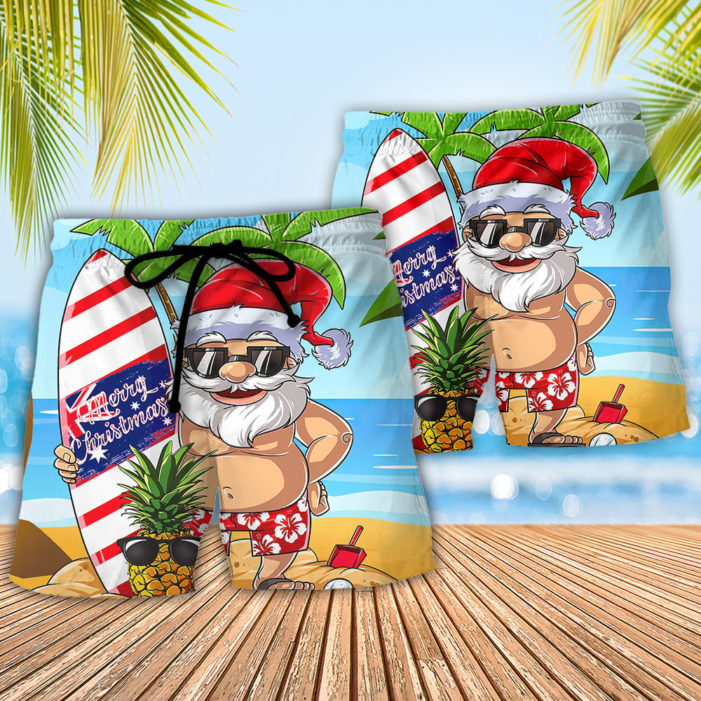 Christmas In July Summer Santa Surfing Beach Shorts Pattern Detail For Poolside Fun And Laid Back Styling
