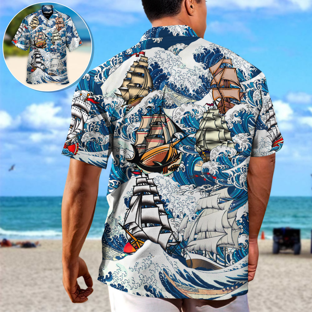 Sailing Adventure Graphic Hawaiian Shirt Pattern Detail For Coastal Travel
